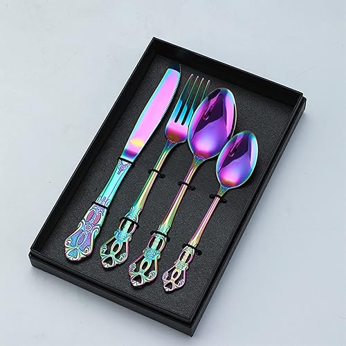Juego de cubiertos para 12, juego de cubiertos coloridos de acero inoxidable, 48 piezas, cucharas y tenedores estilo cancha en el hogar y la cocina,
