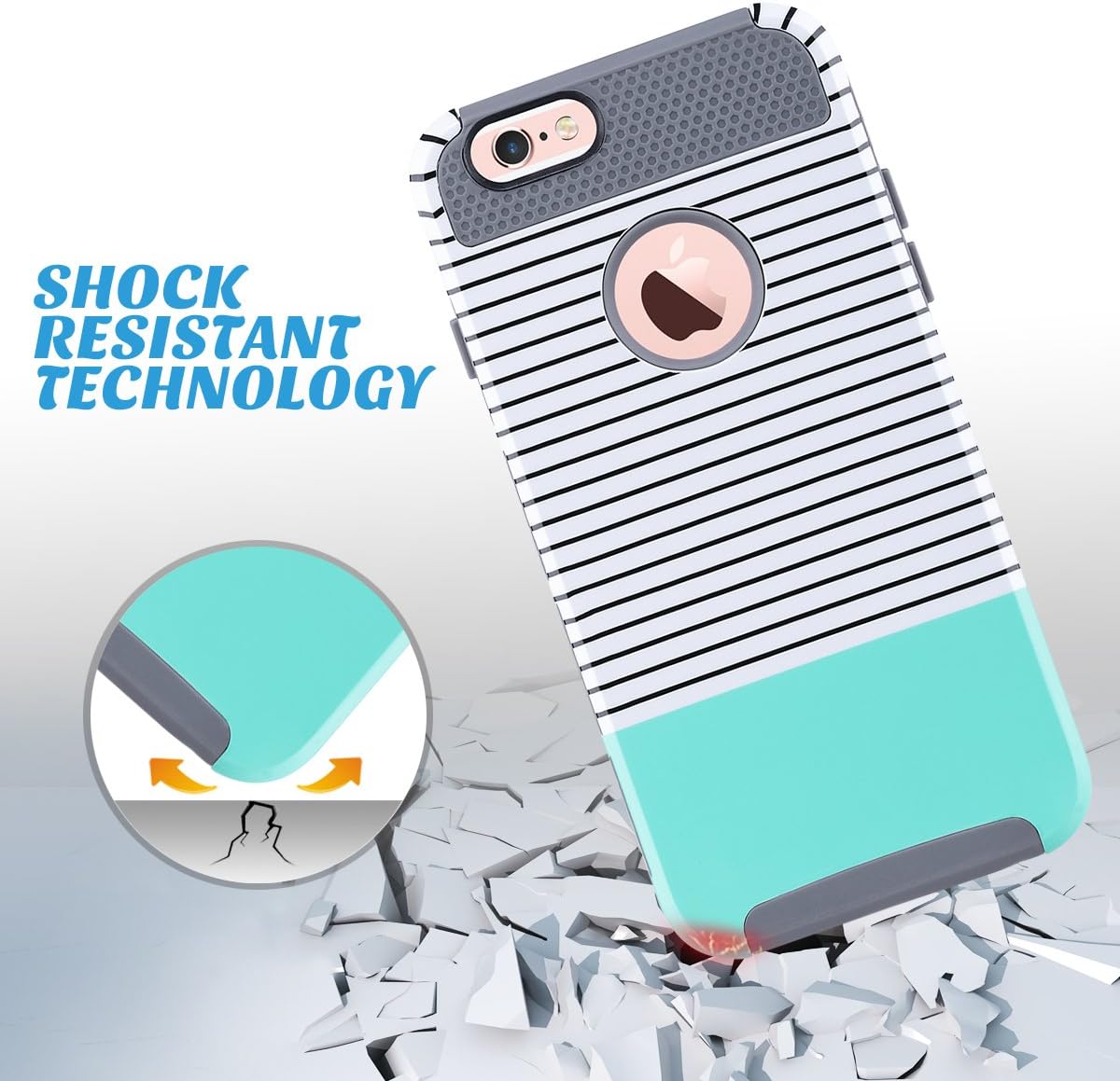 ULAK iPhone 6s Case, iPhone 6 Case, Colorful Series Slim Hybrid Dual Layer Scratch Resistant Back Cover Shock Absorbent TPU Bumper Case for Apple iPhone 6 6s 4.7 inch(Grey+Minimal Mint Stripes)