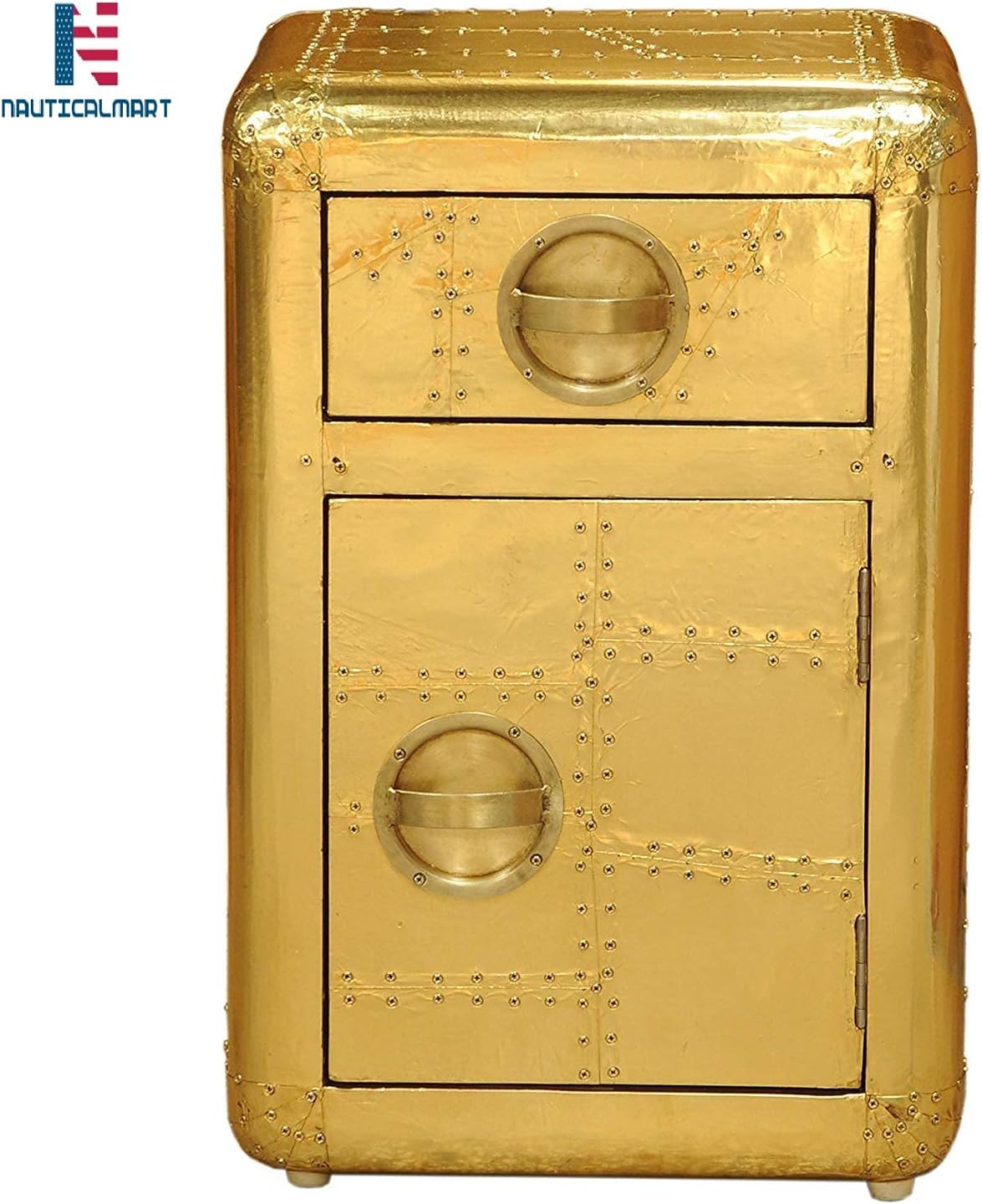 NauticalMart Aviator Side Table with Door and Drawer Handmade Aviation Accent Chest Gold