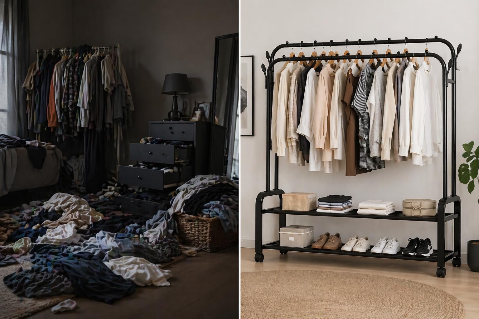 Appendiabiti Indipendente con Ripiani, Struttura in Metallo Nero, 150cm Altezza x 110cm Larghezza x 49cm Profondità, Capacità 780lb, Organizer per Vestiti Scarpe e Accessori