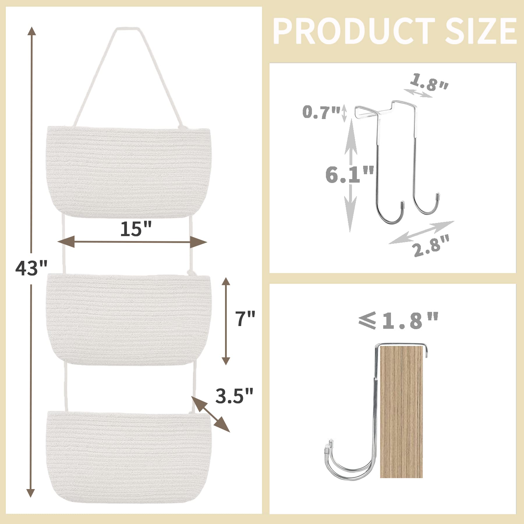 AIVIIN Over The Door Hanging Baskets, 3-Tier Wall Hanging Storage Basket, Woven Cotton Rope Hanging Organizer, Decorative Hanging Shelf Basket for Living Room, Bathroom,Bedroom and Kitchen(White)
