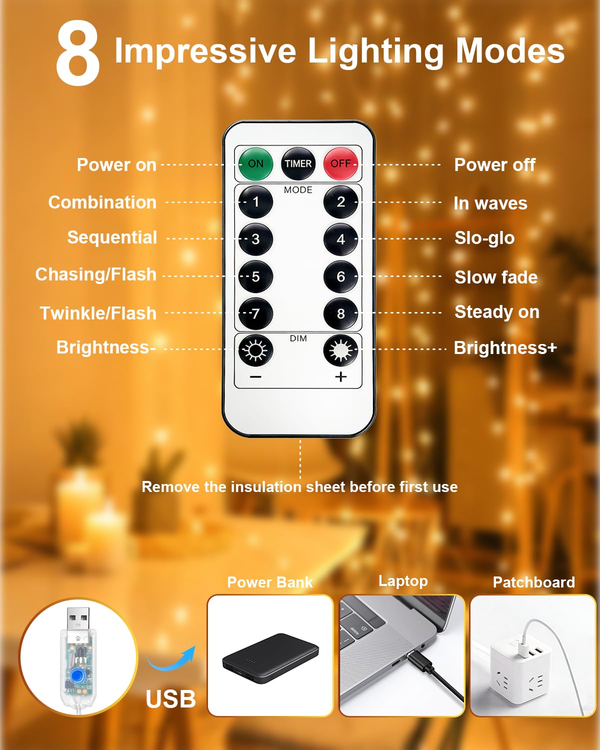 Stringa Luci LED, 4x10M 100LED Catene Luminose con USB Alimentata con Telecomando, 8 Modalità Impermeabile Decorative Luminosa per Giardino, Natale, Feste, Matrimonio(Bianco Caldo)