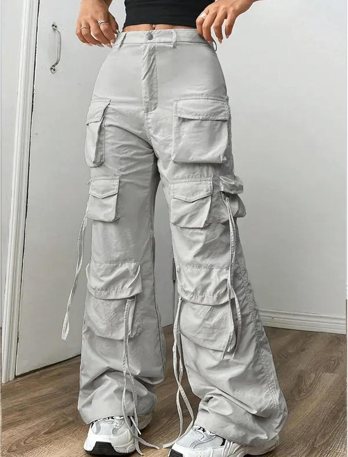 MEINVQIAOTI Casual Wide Leg Streamer Multiple Pockets Jogger Pants for Women Functional Paratrooper Cargo Pants for Women