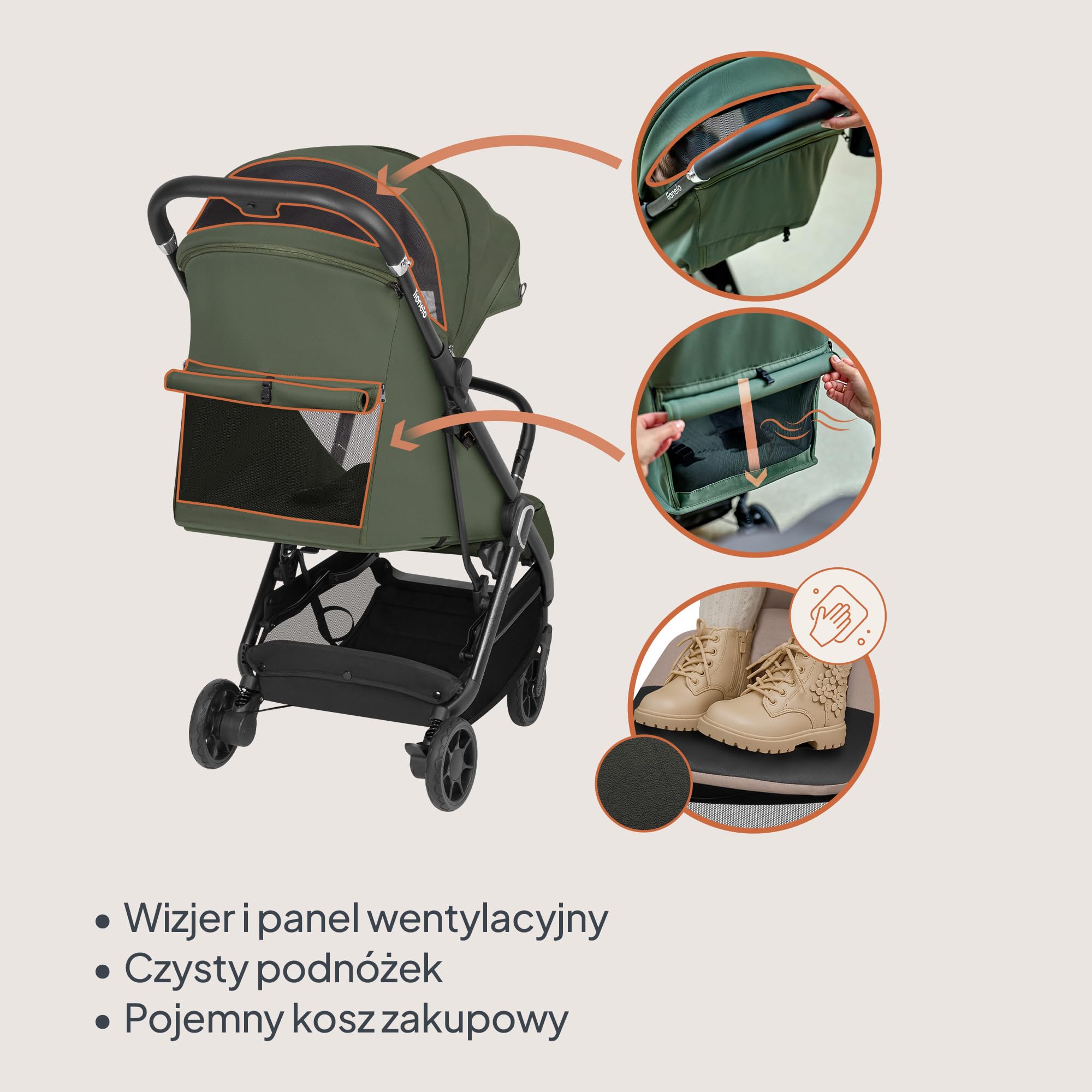 LIONELO Spacerowy Wózek Dziecięcy Bess do 22 kg od 6 m do 4 lat Obrotowe Koła PU 360° Składany Jedną Ręką, Regulacja Oparcia, Wodoodporny Daszek Lekki 7,5 kg, Kosz Zakupowy