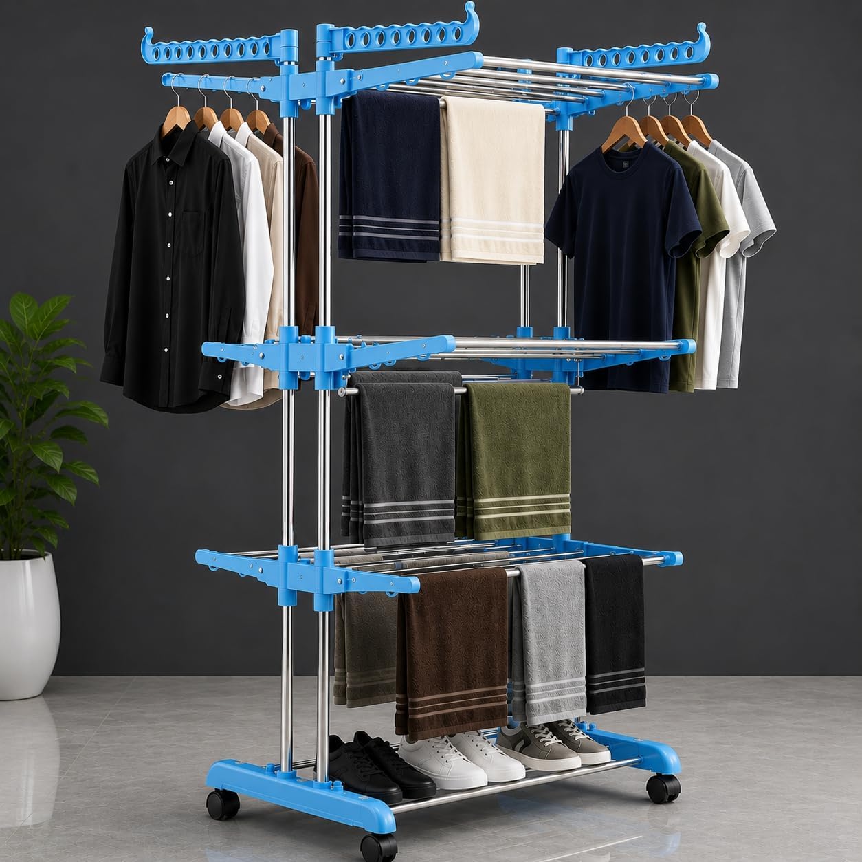 TEKCOOL Foldable Cloth Drying Stand Stainless Steel – 3 Tier Heavy-Duty Clothes Dryer for Balcony, Indoor & Outdoor Use | with Wheels & Hanger Slots | Rust-Proof Laundry Rack (Grey, 3 TIRE)?,