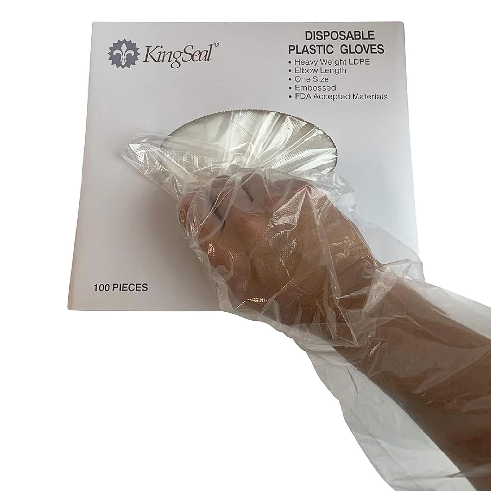 Photo 1 of 100 Count | KingSeal Poly Elbow Length Disposable Gloves, 21 inches from Fingertip to Cuff, Embossed Finish for Better Grip - 1 Pack of 100 (One Size Fits Most)