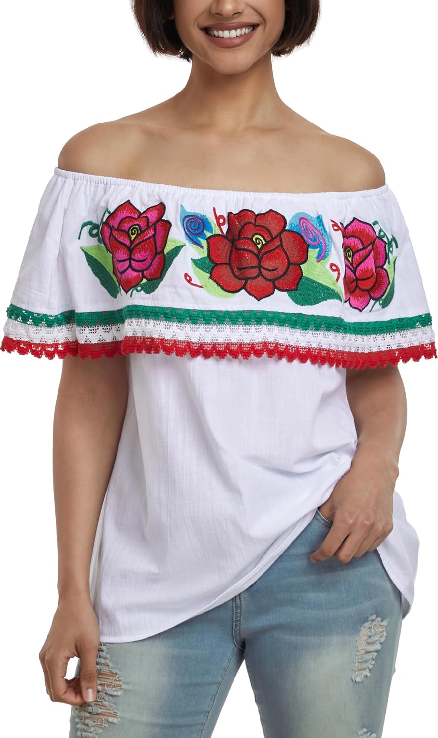 YZXDORWJ Women Mexican Embroidered Off-Shoulder Shirt Lace Falbala Top