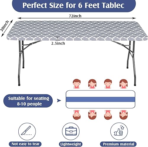 Miniatura 2 de Paquete de 6 manteles elásticos ajustables para mesas rectangulares de 6 pies, impermeables, de vinilo elástico, para picnic, patio e interiores y