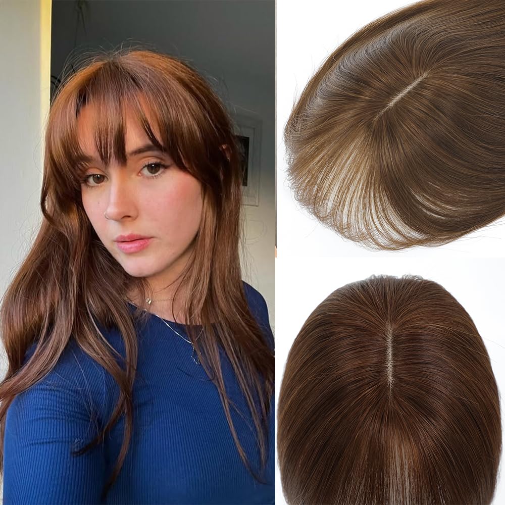 EROADE Hair Toppers for Women Real Human Hair, 360° 3D Toppers Hairpieces for Women (Medium Brown（7 * 11), Wispy Bangs
