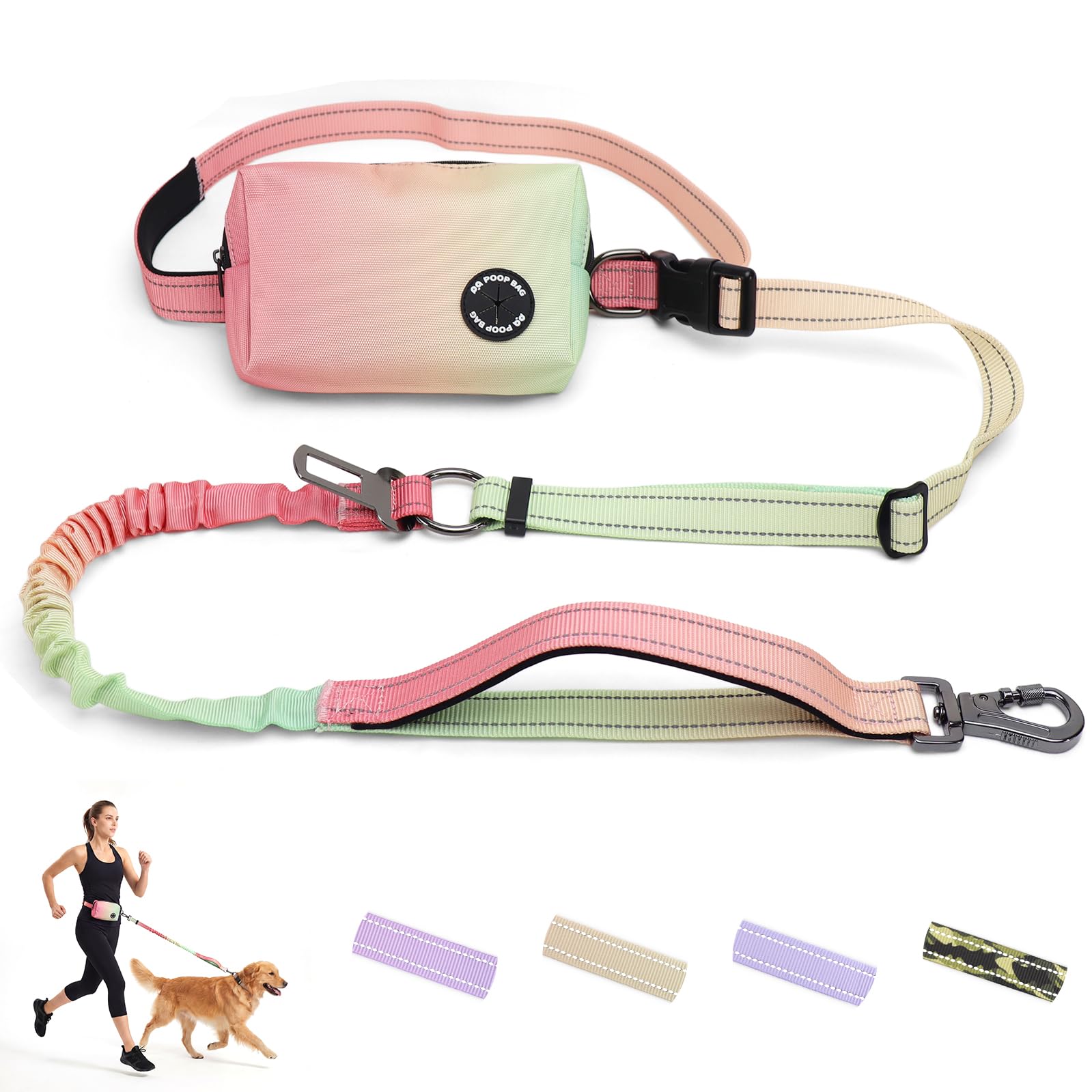 Laisse élastique rétractable mains libres à double poignée avec bordure réfléchissante, ceinture réglable pour promener le chien, course à pied, randonnée – Laisse en nylon durable pour chiens