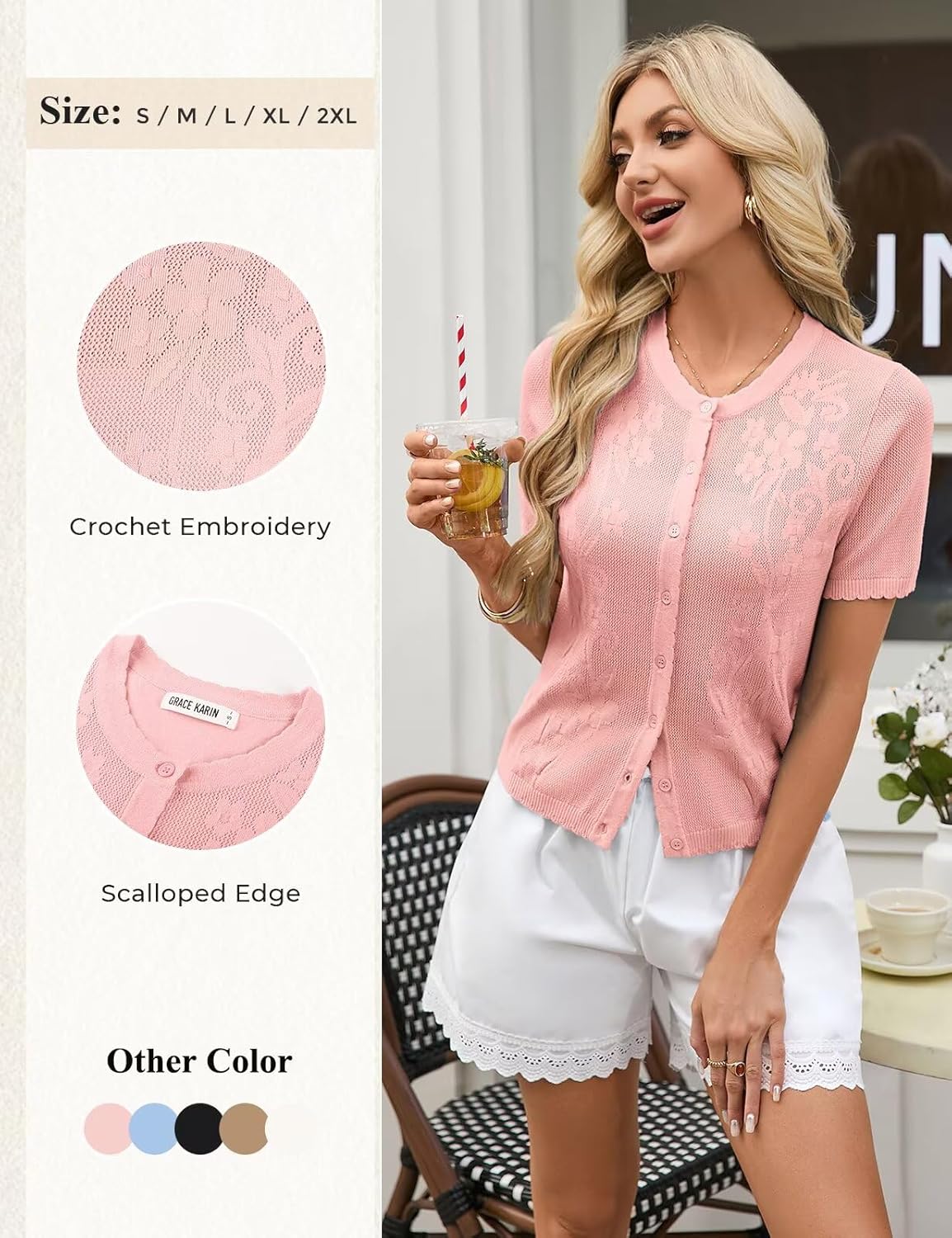 GRACE KARIN Cardigan Sweaters for Women Lightweight, Short Sleeve Sweater Trendy, Crewneck Crochet Shrugs Top for Dress - Image 5