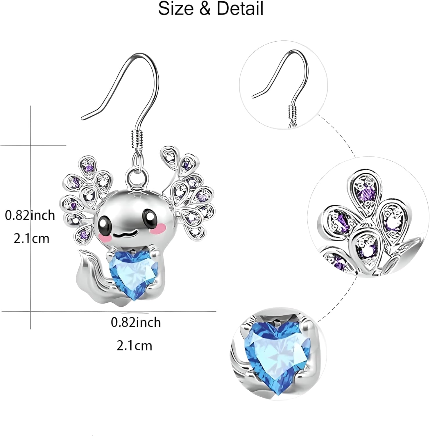 Cute Salamander Jewelry Set with Blue Crystal Heart, Silver Necklace, Earrings, Bracelet and Keychain