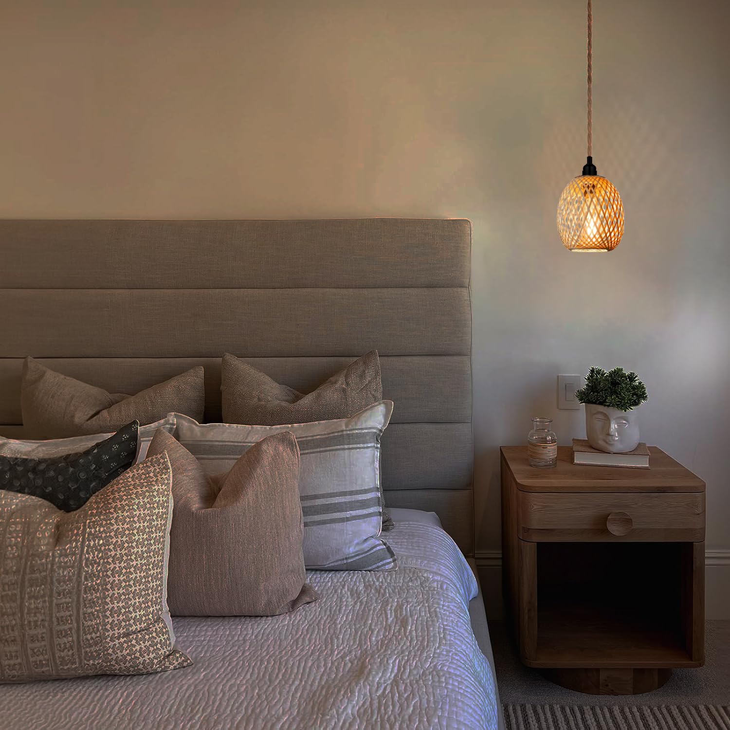 Hängelampe Lampenschirm mit Stecker Outdoor Lampe Hängend Boho Rattan Deckenlampe Hängeleuchte Bambus Deko Deckenleuchte Esstisch Lampen Hängelampen Pendelleuchte 4,5M Kabel für Schlafzimmer