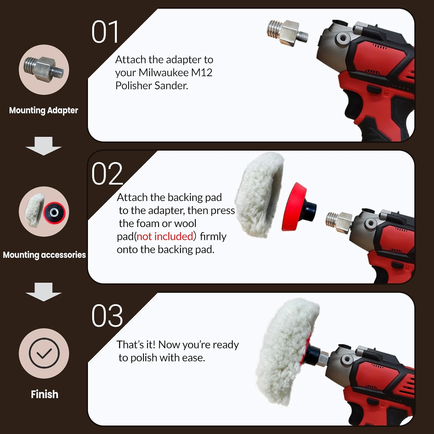 Buffing Polishing Kit for Milwaukee M12 Polisher/Sander,Includes M9 to 5/8-11 Adapter & 3" Backing Pad, Not Including Sponge and Wool Buffing Pads (2pcs) - Image 6
