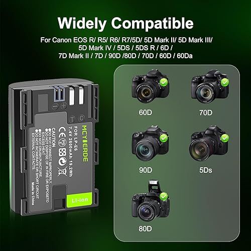 Miniatura 2 de Paquete de 2 baterías de repuesto LP-E6 LP-E6N compatibles con Canon EOS 60D 70D 80D 90D 5D Mark II III IV 5DS 6D R R5 C700 XC10 XC15