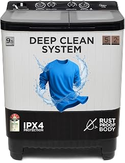 Midea 9.5 Kg 5 Star Toughened Glass Semi Automatic Top Load Washing Machine Black White (MWMSA095GPG(KW) Rust proof Body w Price In India