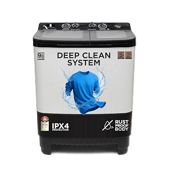Midea 9.5 Kg 5 Star Toughened Glass Semi Automatic Top Load Washing Machine Black White (MWMSA095GPG(KW) Rust proof Body with 1300 RPM)