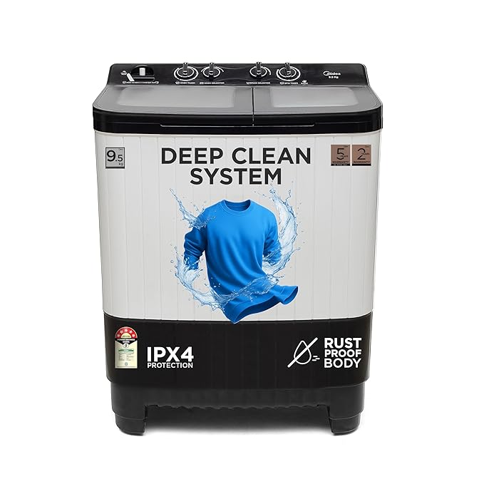 Midea 9.5 Kg 5 Star Toughened Glass Semi Automatic Top Load Washing Machine Black White (MWMSA095GPG(KW) Rust proof Body with 1300 RPM)