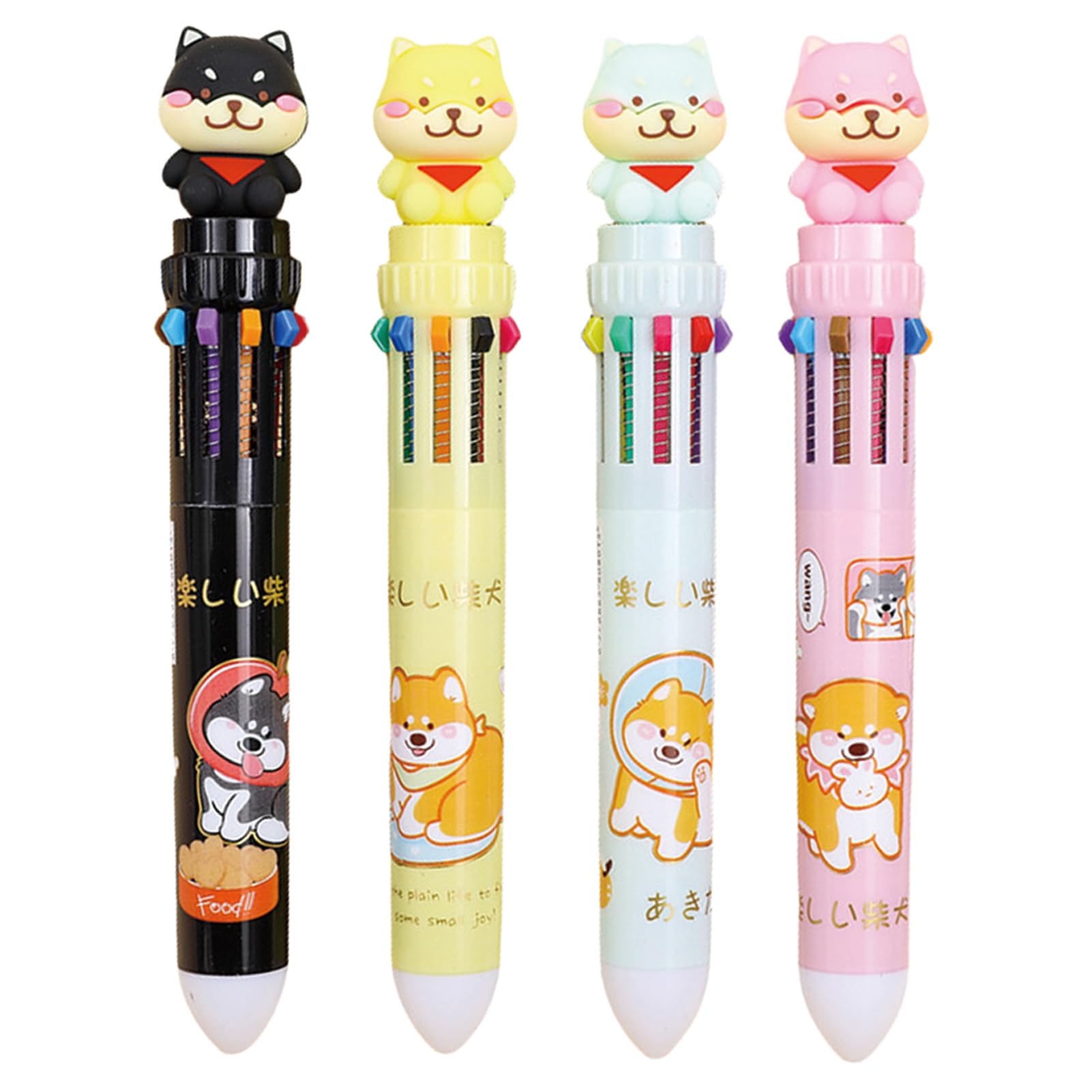 MOZXIRZ 4 Pcs Cute Shiba Inu Multicolor Ballpoint Pens 10-in-1 Retractable Pen Cartoon Dog Pen Kawaii Colored Ballpoint Pens for Boys Women Men Office