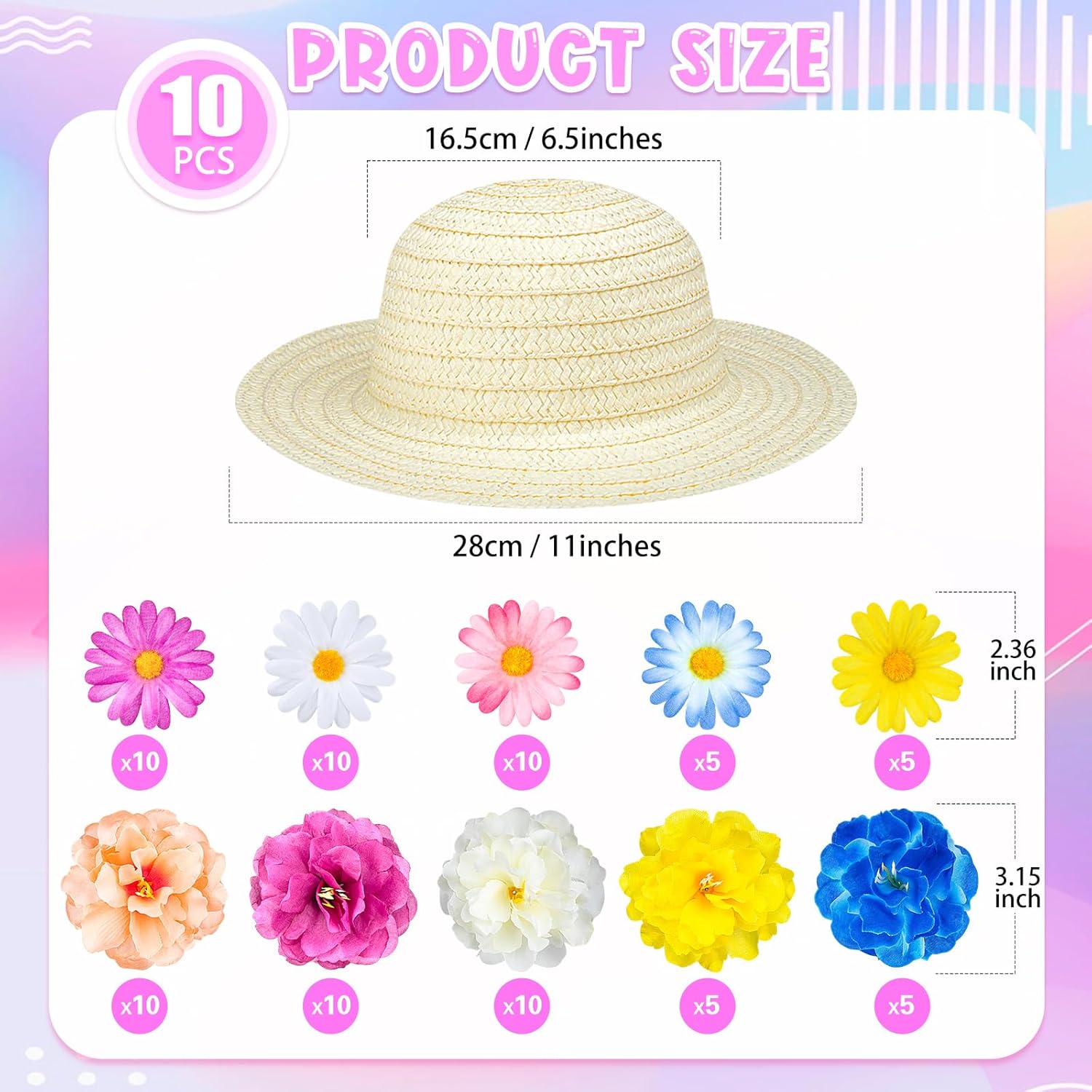 90 Pcs DIY Straw Hats 10 Pcs Tea Party Hats for Girls and 80 Artificial Flowers for Tea Party Birthday Decoration - Image 2