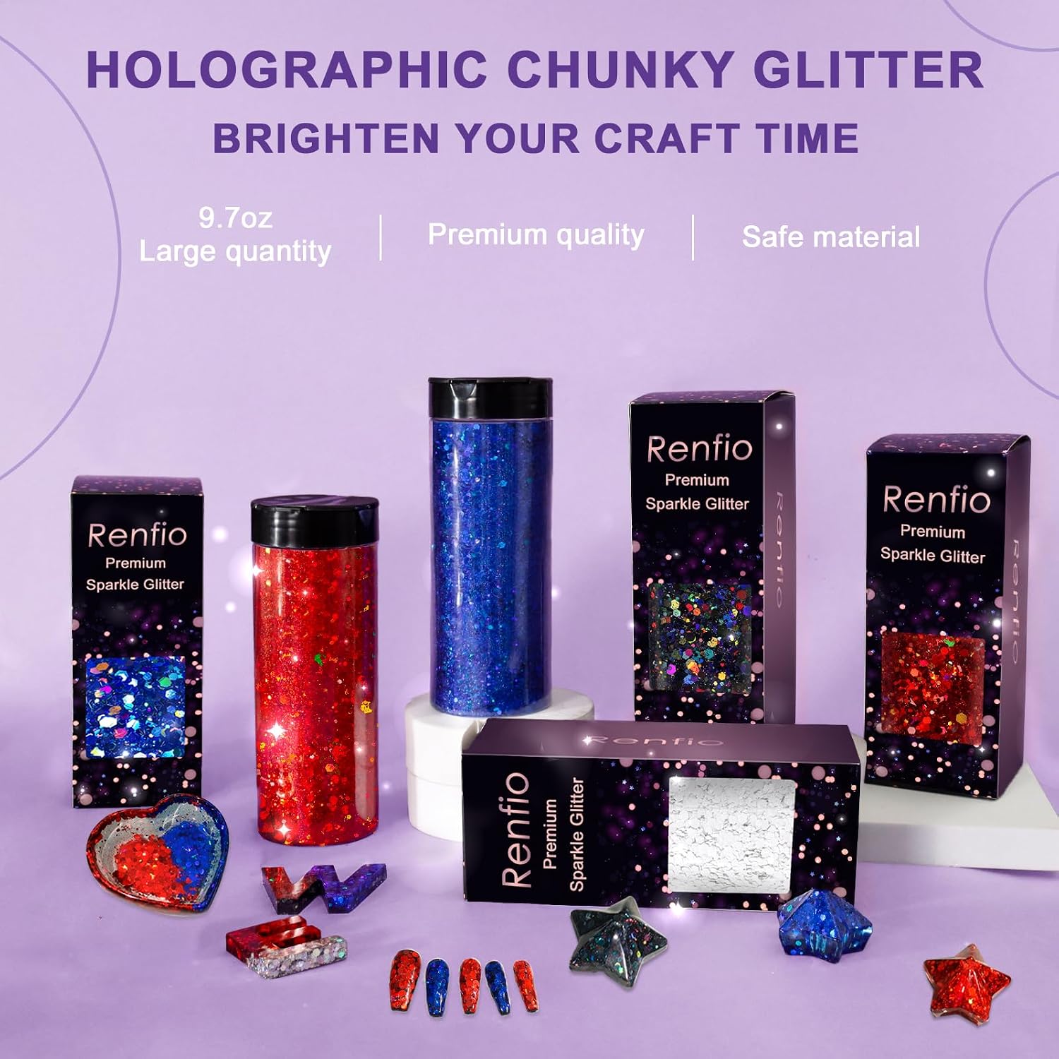 Renfio Holographic Glitter, 9.7oz/275g Diamond Laser Silver Chunky Glitter for Snowglobe Tumbler,Silver PET Flake Mixed Fine Powder for Snowglobe Tumbler,Craft,Epoxy Resin,Festival Decor,Nail,Slime