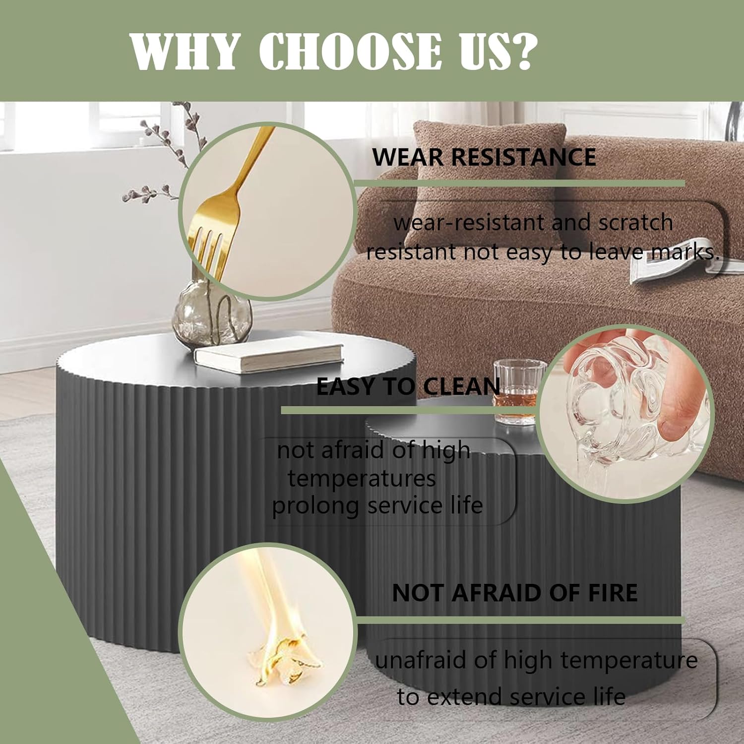 Round Nesting Coffee Table Modern Handcraft Side Table Vertical Stripe Design Drum Center Table for Living Room (C)