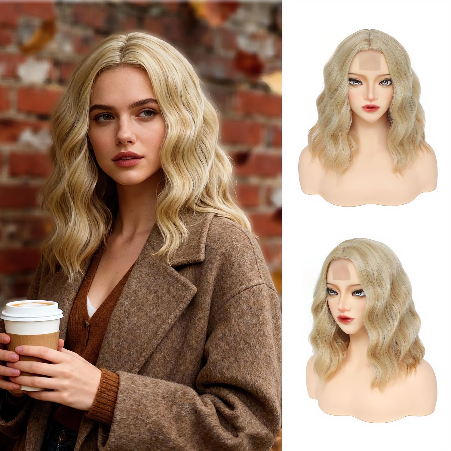 GUOJIAN Black Bob Wig 14 Inch Black Short Wavy Bob Shoulder Length Wig for Women Middle Part Natural Looking Heat Resistant Synthetic Wigs for Daily Party Use