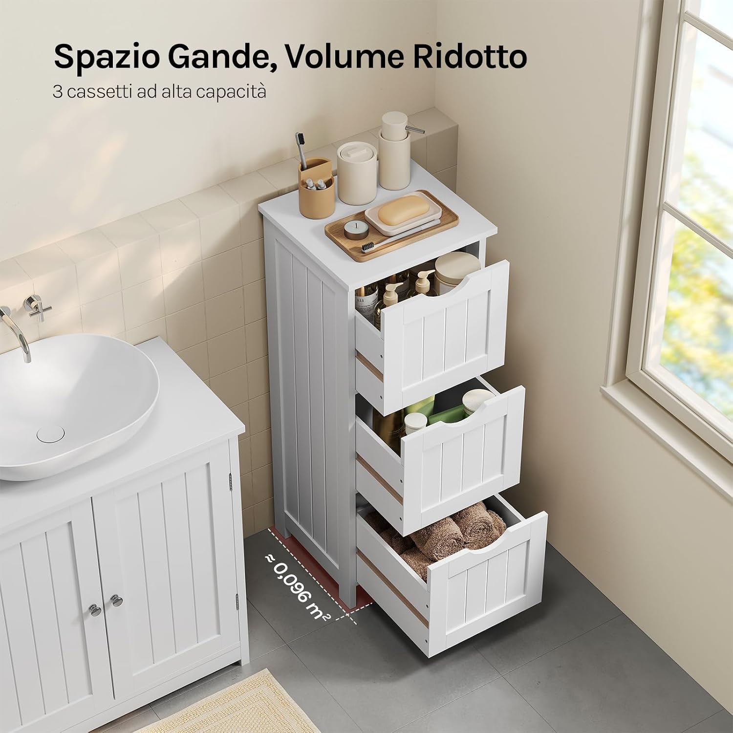 WOLTU cabinet with open drawers showing organized items like towels and bottles