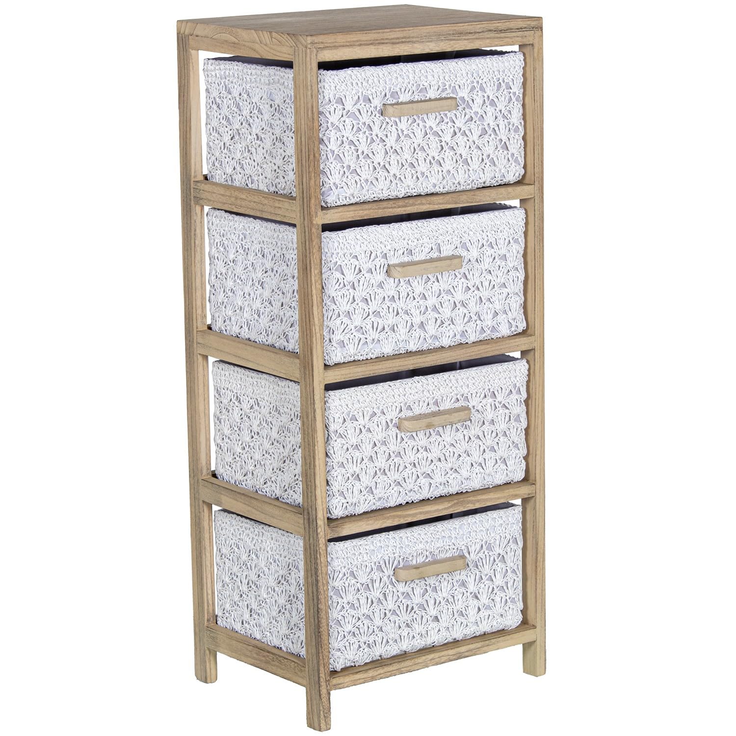 Drw Transparente Y Natural Cajonera De Madera Con 4 Cajones De Tela En Blanco Y Natural 40X30x94 Cm