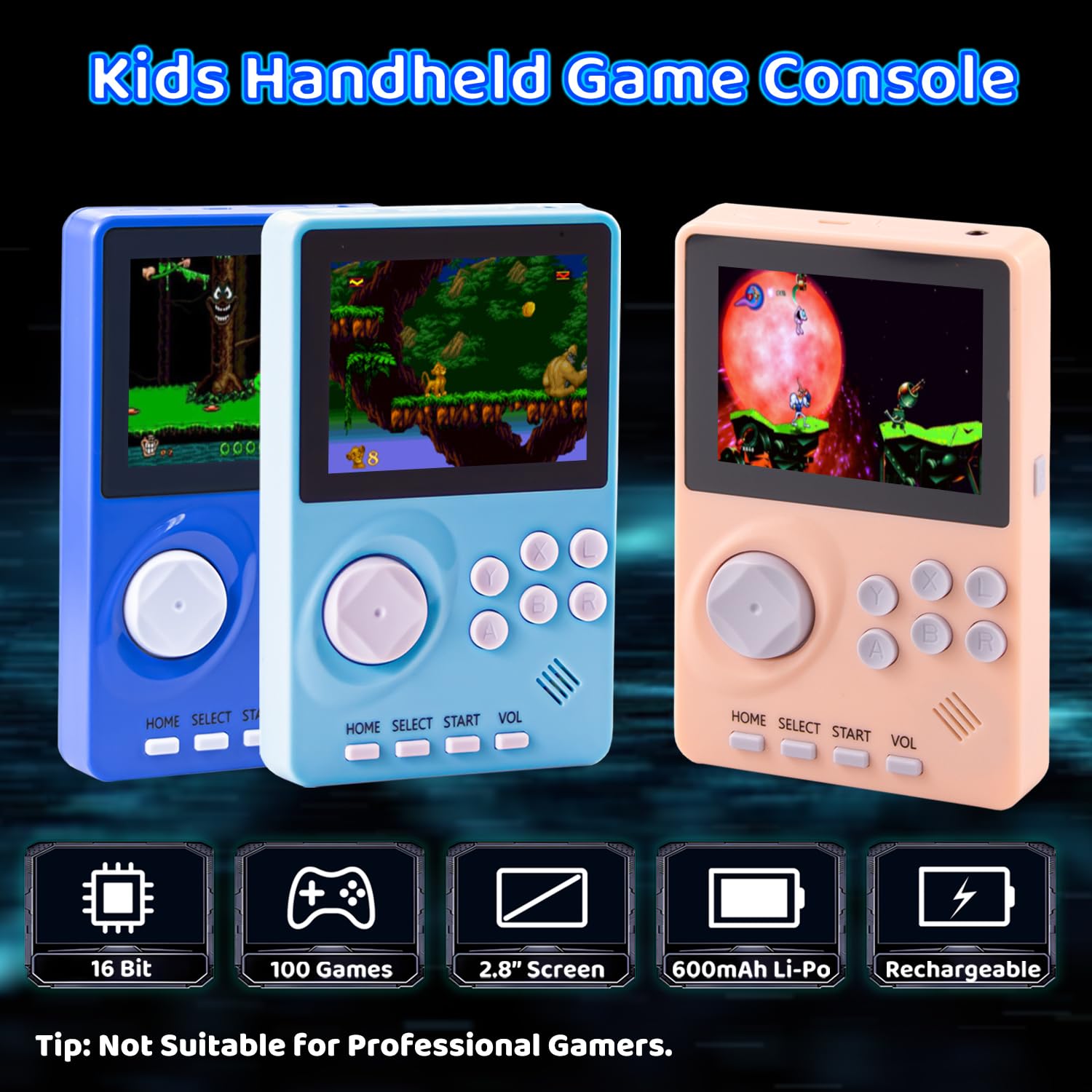 Consola de videojuegos de mano para niños, 100 juegos de 16 bits, consola de juegos retro de mano, consola de juegos fácil de llevar, pantalla a color de 2.8 pulgadas, batería recargable, consola de