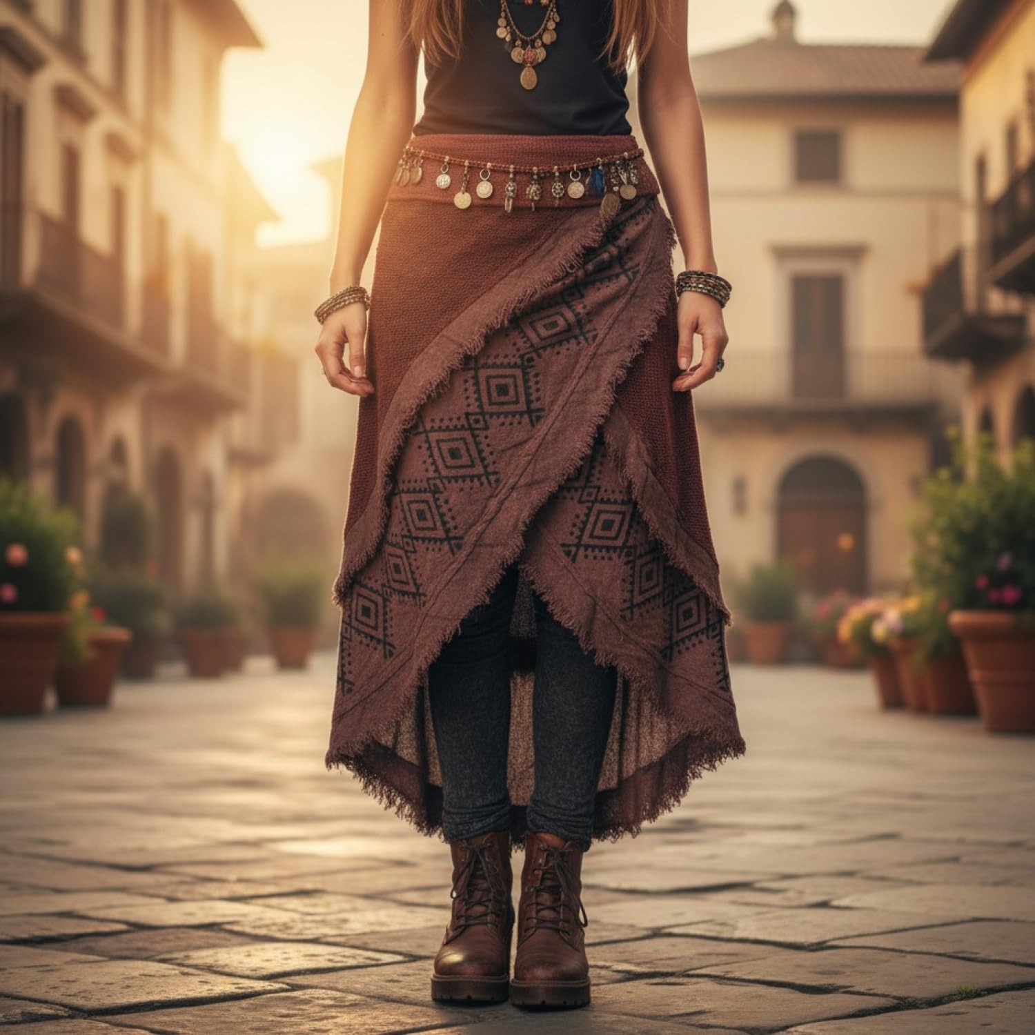 Goa Wickelrock, Tribal Lagenlook, handbedruckt, Baumwolle, massala/1 | Asymmetrischer Wickelrock, knielang, Slim-Fit, einzigartig, ideal für Festivals und Freizeit.