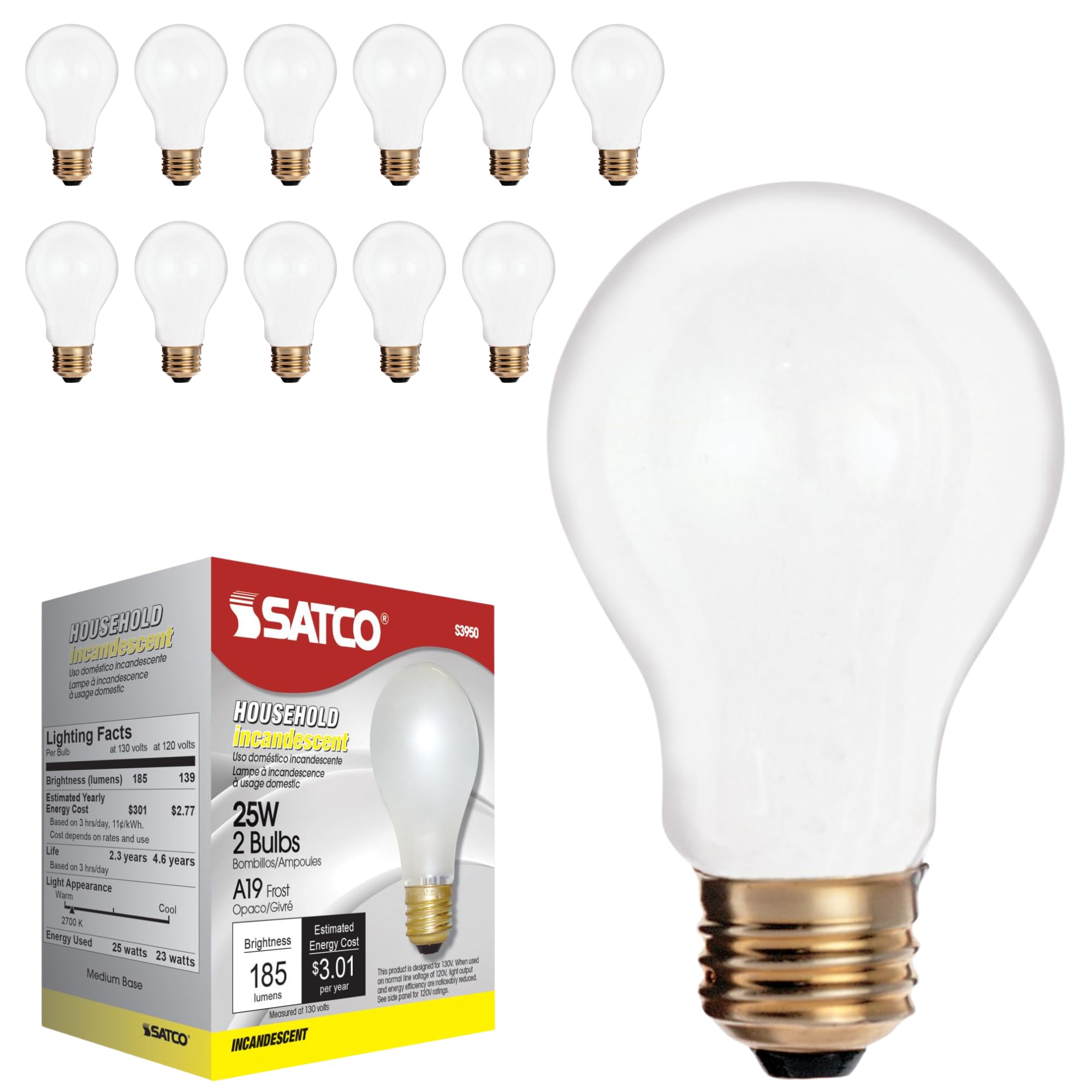 Satco S3950 A19 Incandescent Bulb 25W 130V Frosted Finish 180 Lumens Medium E26 Base Dimmable 2700K Warm White
