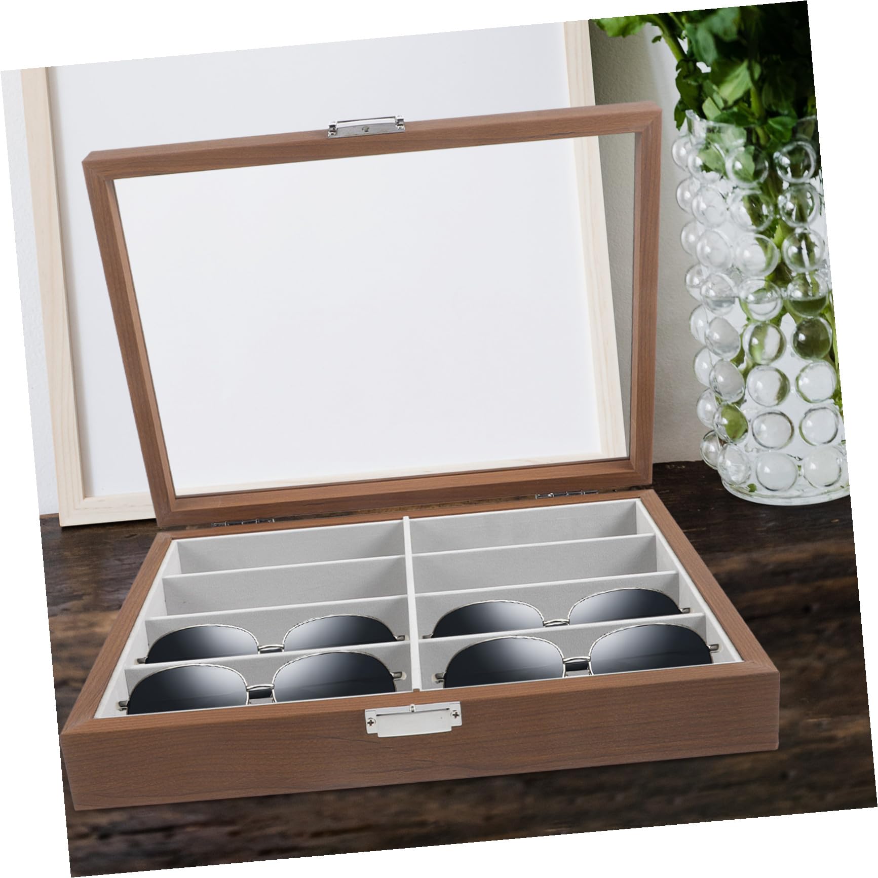 EXCEART Boîte à Lunettes Bois Emplacements avec Fenêtre Verre Transparent Organiseur de Rangement pour Lunettes de Soleil Vue Intérieur Feutre Protection Rayures pour Maison et Boutique