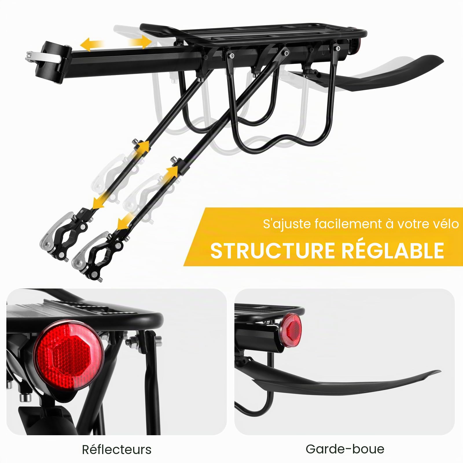 Vélo Porte Bagage, Porte Bagage VTT arrière réglable, Porte Bagage vélo arrière Alliage d'aluminium avec Garde-Boue et réflecteur, dégagement et assemblage Rapides pour VTT de 24 à 29 Pouces