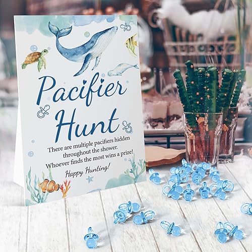 Miniatura 3 de Juego de chupete para baby shower, con temática oceánica, letrero de caza de chupete de bebé, letrero de 8 x 10 pulgadas y 50 mini chupetes