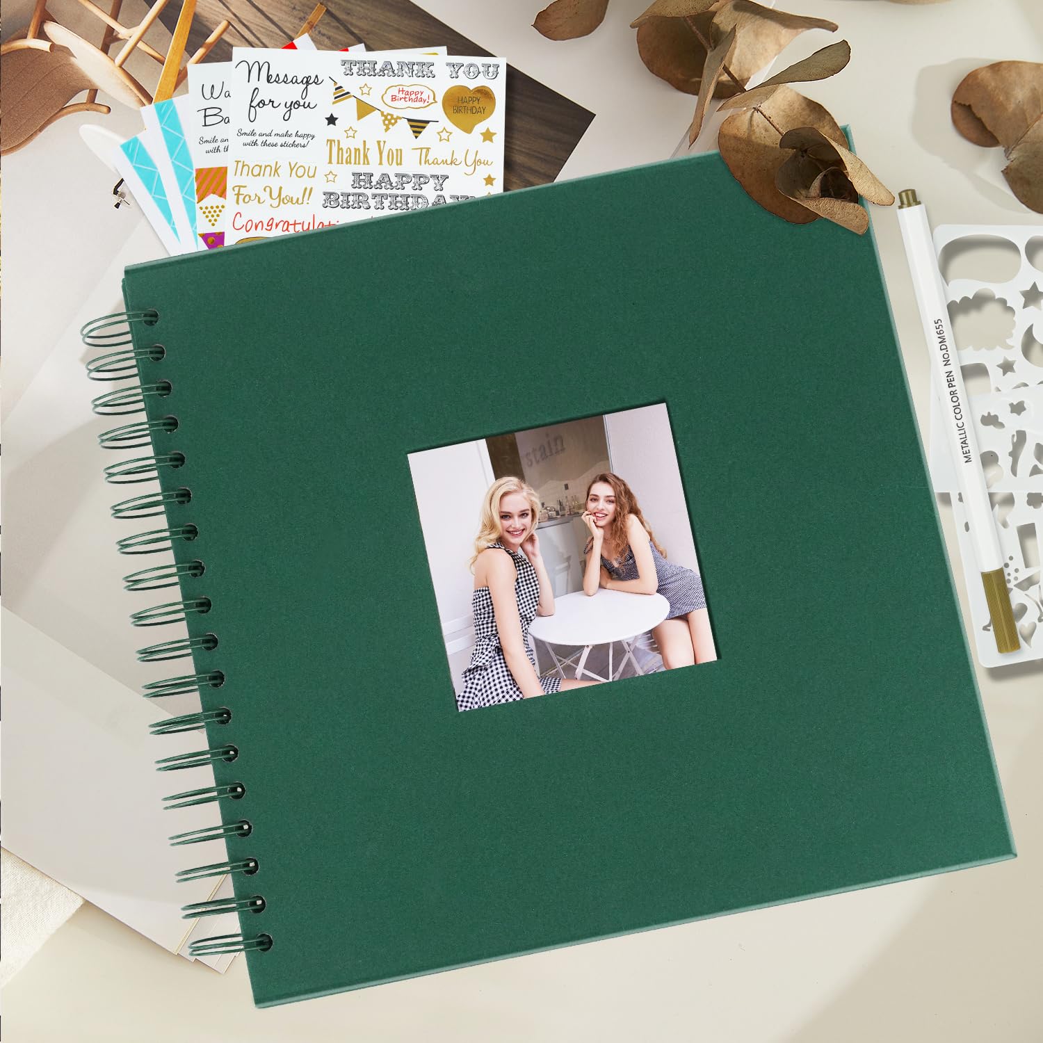 Miaikoe 25.5x25.5 cm DIY Scrapbook Album with Window Hardcover Kraft Blank Paper Scrap Book with 20 Sheets Photo Album for Guest Book Family Wedding Anniversary (Dark Green) - Image 2