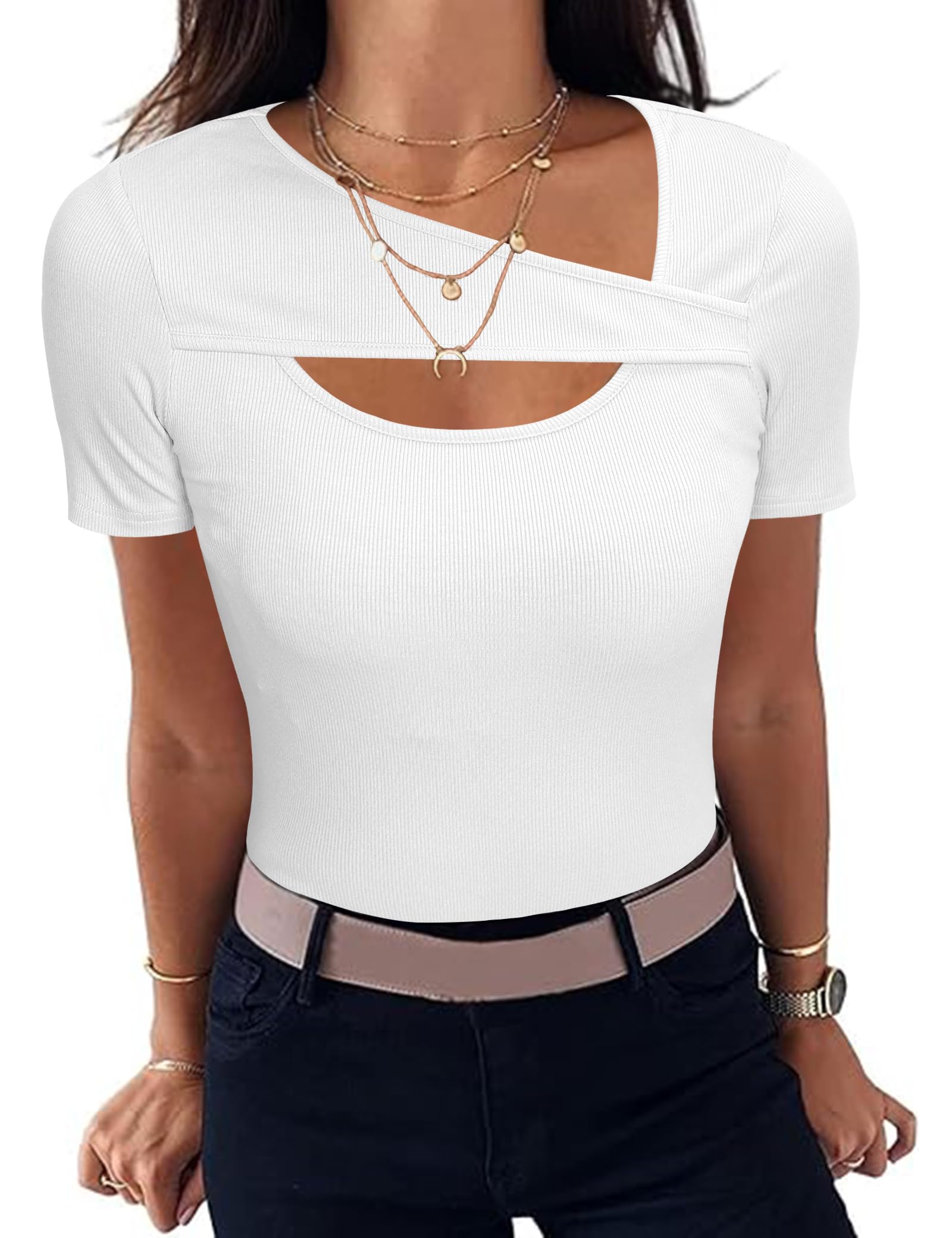 Aottori Damen T-Shirt Asymmetrischer Ausschnitt Sommer Oberteile Kurzarm Gerippt Basic Tee Shirts Elegant Slim Fit Tshirt Stretch Casual Tops Einfarbig