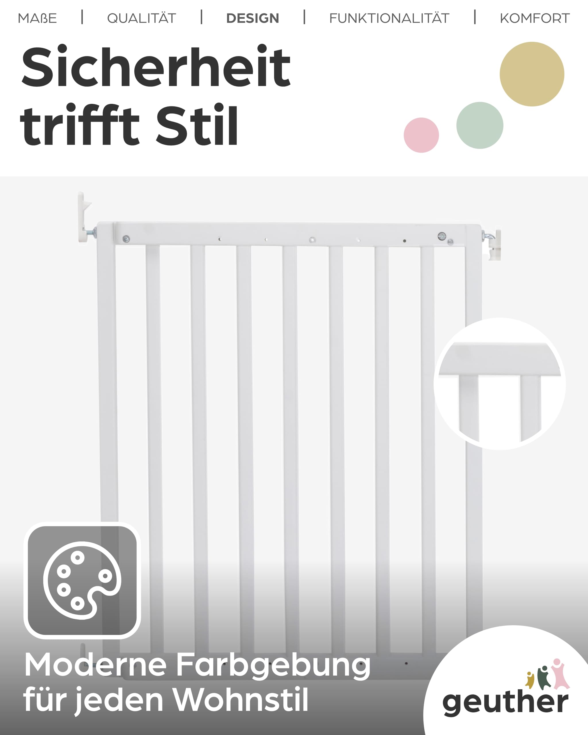 Geuther Türschutzgitter Holz 63-103,5 cm, Weiß I Treppenschutzgitter zum Bohren I Extra hohes Babygitter, Sicherheitsgitter für Treppe & Tür I Als Hundegitter Wohnung & Kinderschutzgitter