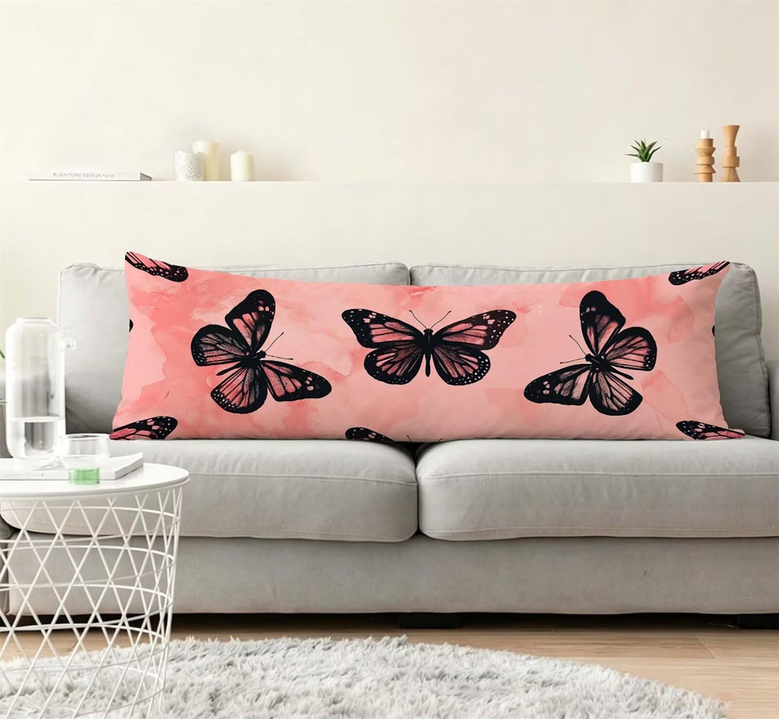 Rosa-14 Federe Cuscino Letto 50x150 cm, Grande Cuscini per Divano Velluto, | Doppia Faccia Stampa, Farfalla-2 Fodera per Cuscino Decorativa, con Cerniera, Cuscino per Dormire Sul Fianco j-140