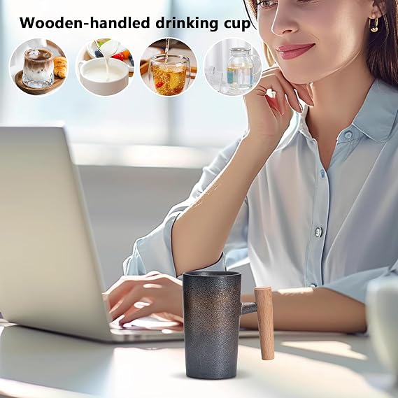 Coffee Cups Ceramic Wooden Handle Ergonomic Coffee Tea Cup Drinkware | 220ml Beverage Mug for Cafe, Coffee Brewing, Breakfast, Camping, Travel, Restaurant, Diner, Daily, Tea Ceremony, Travel,