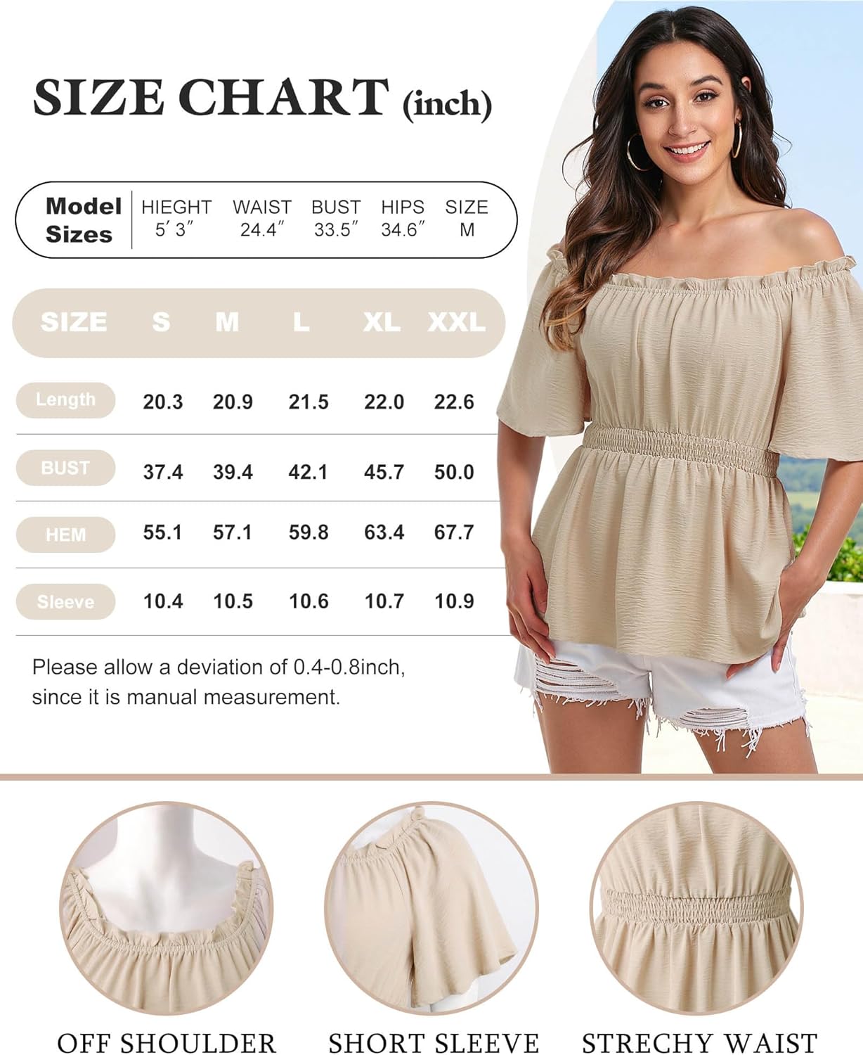 Bebonnie Women's Summer Sexy Off The Shoulder Peplum Tops Ruffle Sleeve Dressy Blouses - Image 7