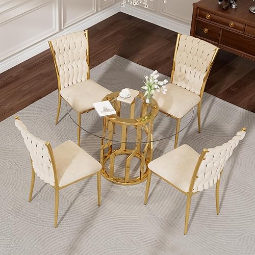 Miniatura 9 de Mesa de comedor redonda de vidrio de 39 pulgadas para 4: mesa de cocina circular de vidrio con patas de acero, mesa de comedor moderna para comedor,