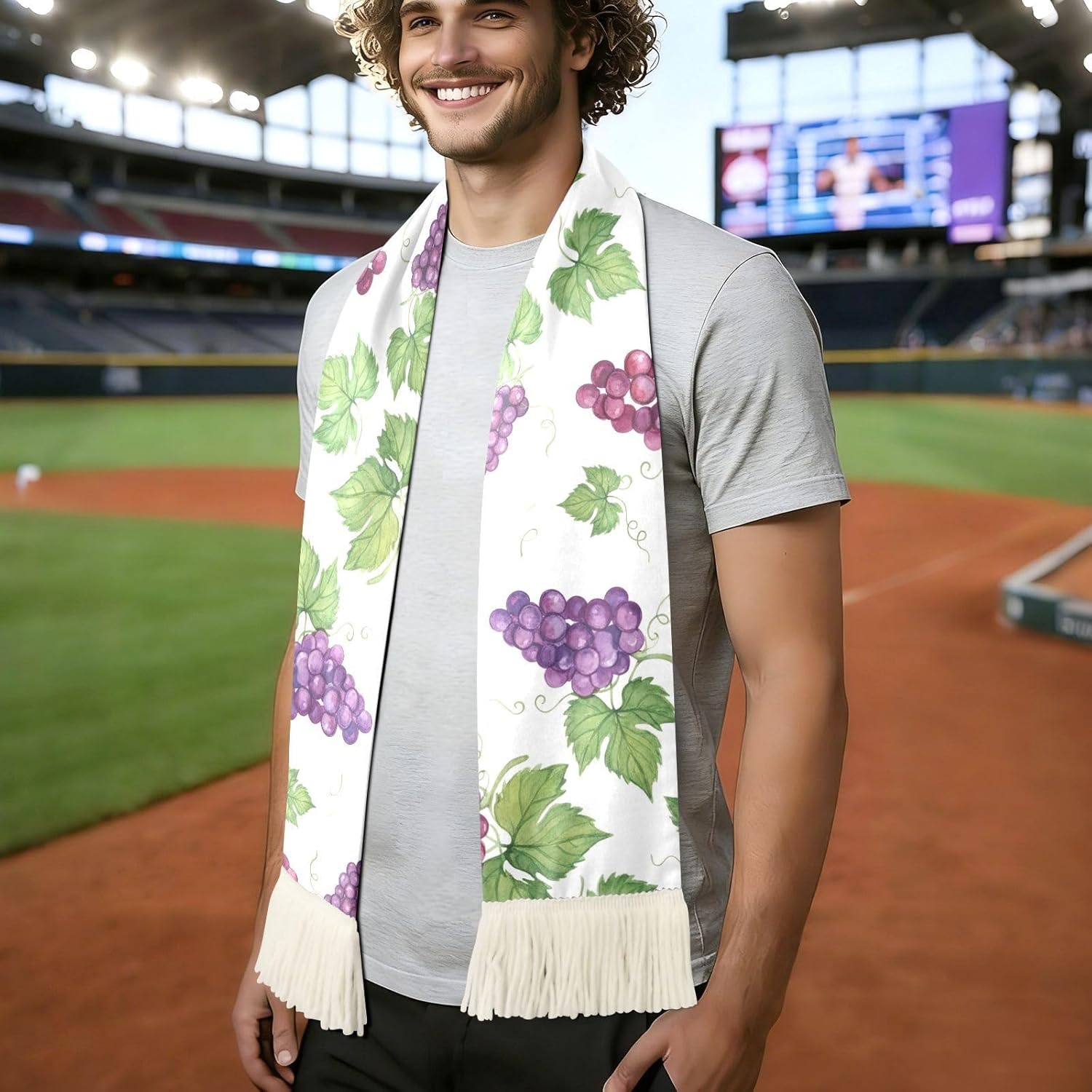 CHIFIGNO Purple Grape White Sports Fan Scarf with Fringe, Soft Absorbent Sweat Towel Wrap for Soccer Football Games, Polyester Quick Dry Rally Towel