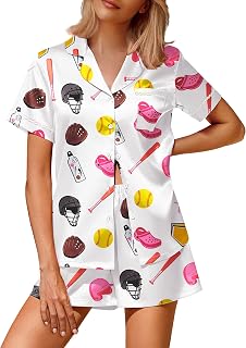 Ekouaer Silk Pajamas 2 Piece Satin Pjs Button Down Short Sleeve Loungewear | Shorts with Pockets,Button Up Silky Sleepwear,for party,girls day,bridal pjs,vacation,wedding Colorful Bow XXL