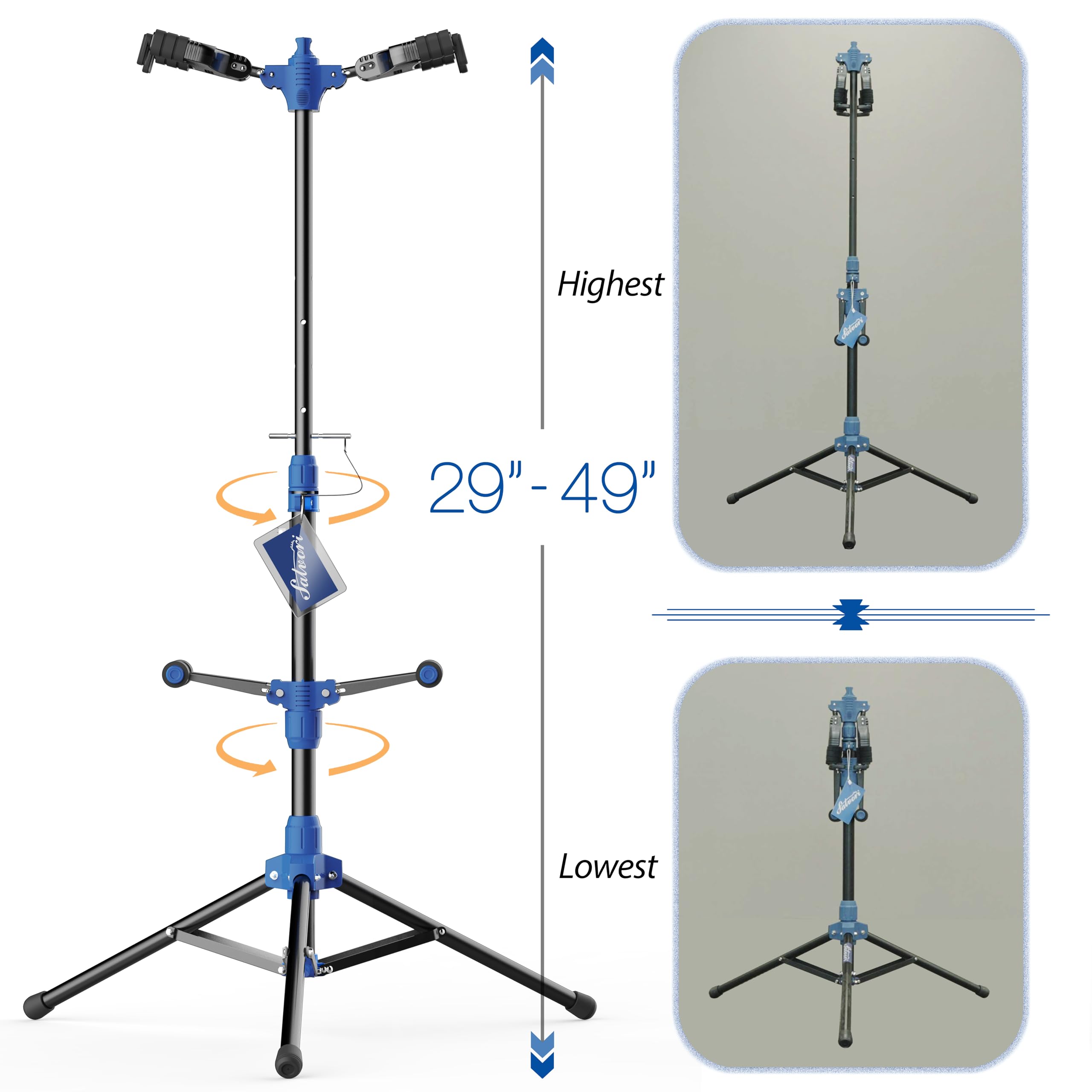 Salvori Soporte doble plegable para guitarra con sistema de bloqueo automático y trípode sólido, soporte para guitarra doble/múltiple/soporte para bajo simple, acústica, eléctrica, guitarra clásica o