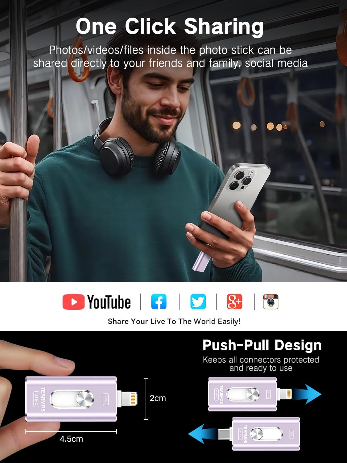 256GB Photo Stick for iPhone Flash Drive, Memory Stick Phone Storage for Photos and Videos Files Backup, Compatible with iPhone iPad Android PC, Plug & Play, No App Required (Light Purple)