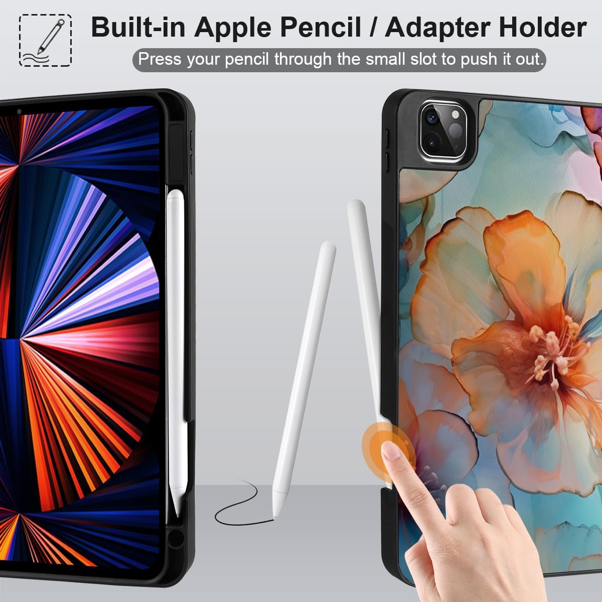 MEEgoodo Case for iPad Pro 12.9 Case M2 6th/5th/4th/3rd Generation 2022 2021 2020 2018, Protective Tablet Cover with Soft Back Shell for Kids, Ink Colorful Flowers - Image 3