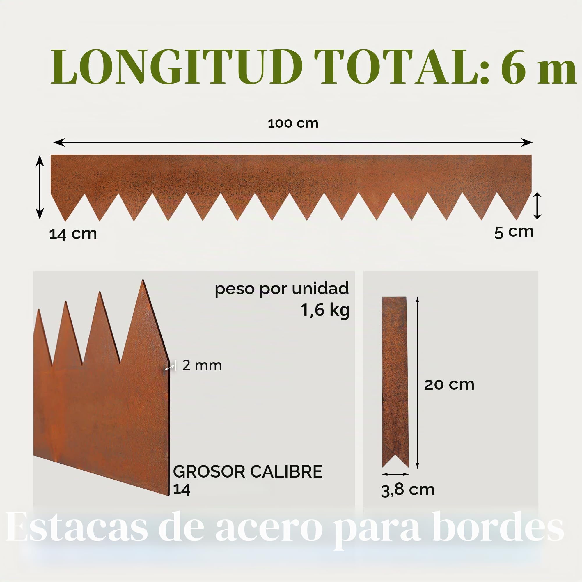 6 Tiras de Acero para césped de 14 cm de Altura, Borde de Acero Galvanizado Preoxidadas, 1 m de Longitud, Delimitadores de Bordes para jardín Borde de Metal 6 m de Longitud en Total