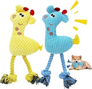 Set of 2 Plush Animals for Dogs, Puppy Squeaky Toy, Chewable Plush Toy, Indestructible Puppy for Small Medium Dogs (Blue, Yellow)