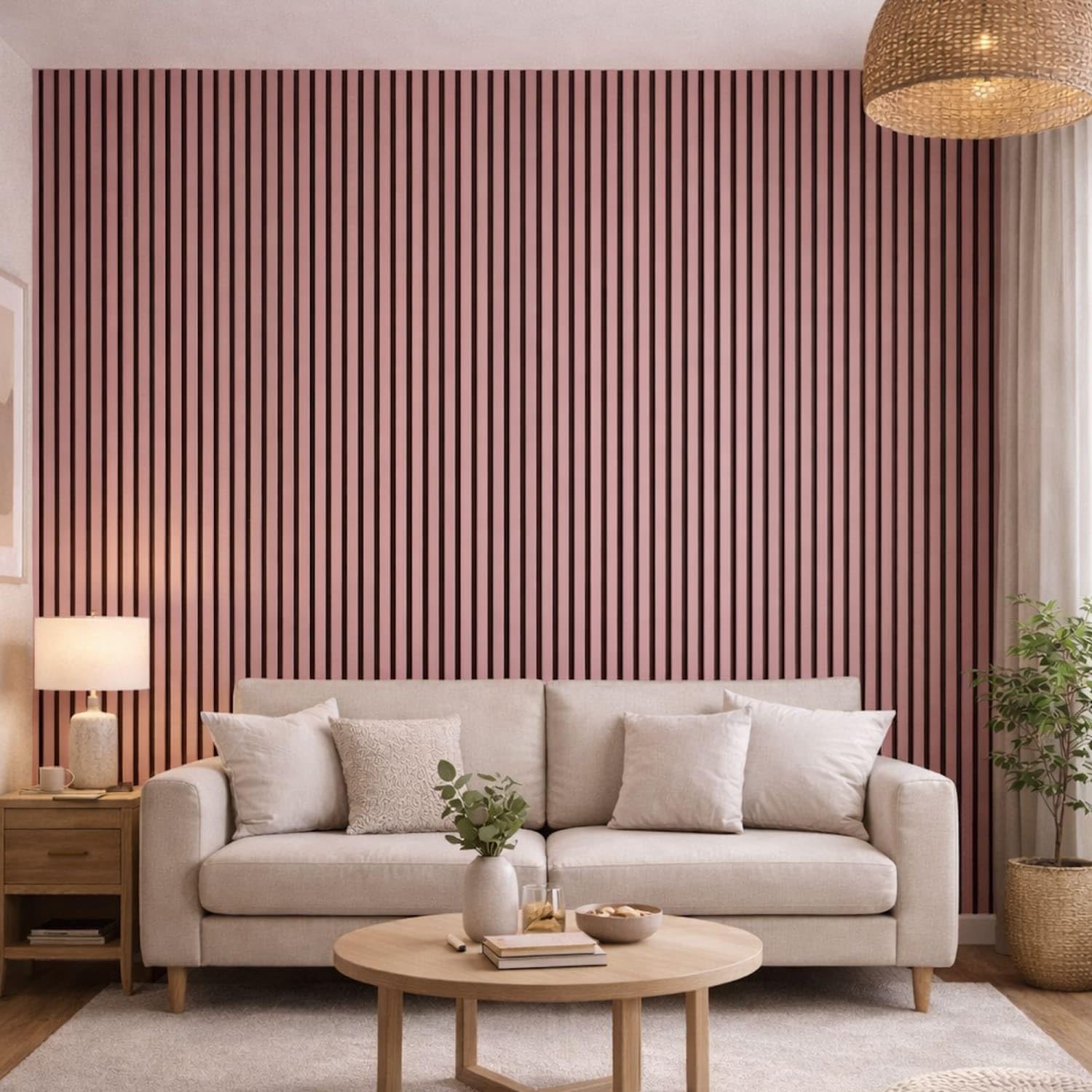 Jobu Acoustic Wall Panels in Petal Pink with Black Backing, 240cm x 60cm, (2 Pack)